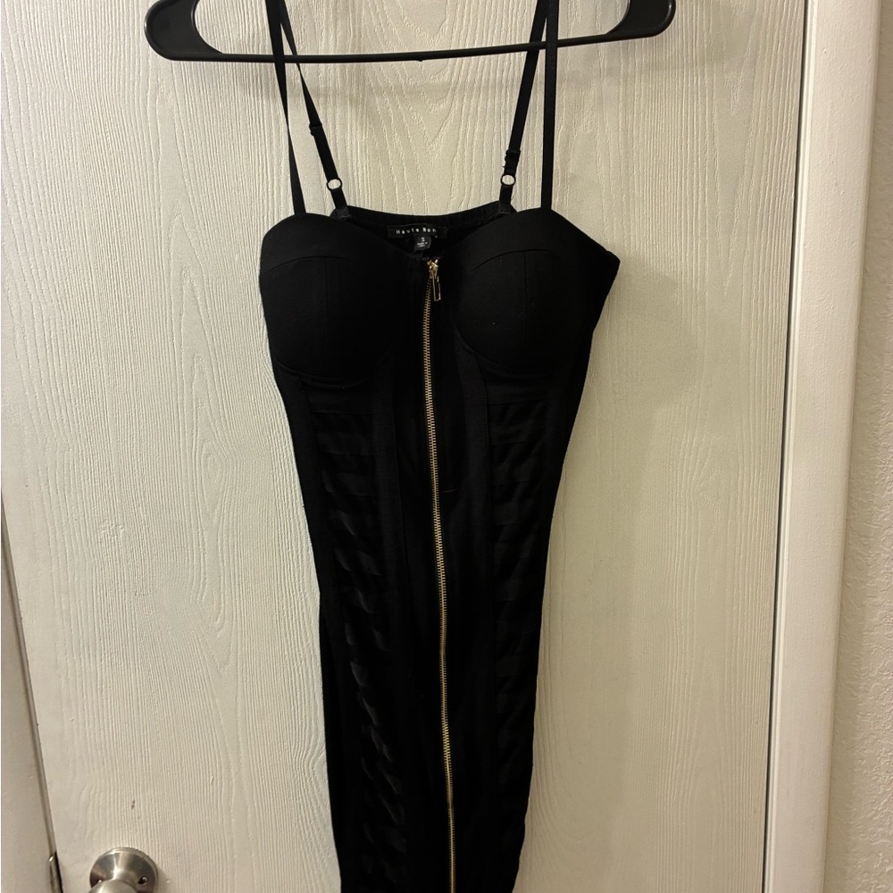 Haute Monde Black Corset Bodycon Midi Dress Gold Zipper Size Small